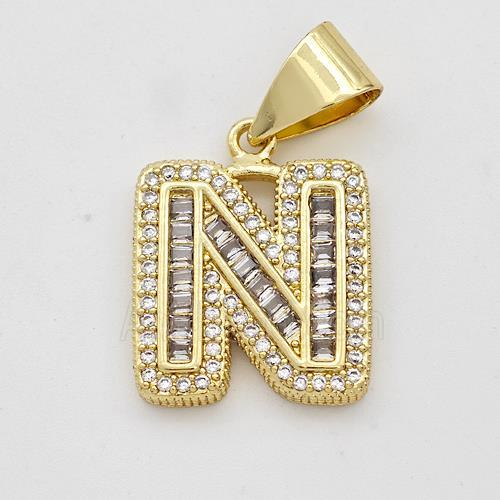 Copper Pendant Pave Zirconia Letter-N Gold Plated
