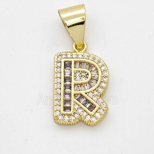 Copper Pendant Pave Zirconia Letter-R Gold Plated