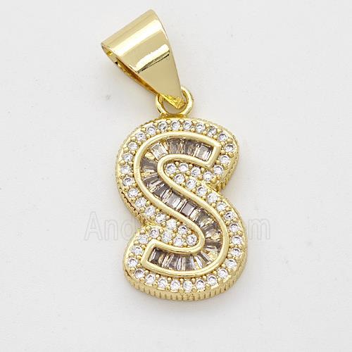 Copper Pendant Pave Zirconia Letter-S Gold Plated