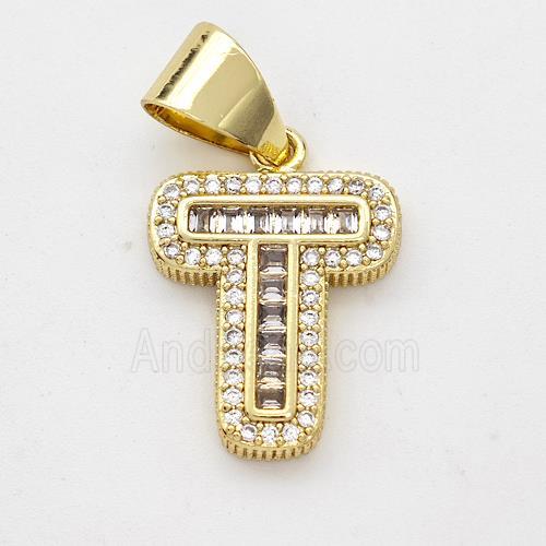 Copper Pendant Pave Zirconia Letter-T Gold Plated