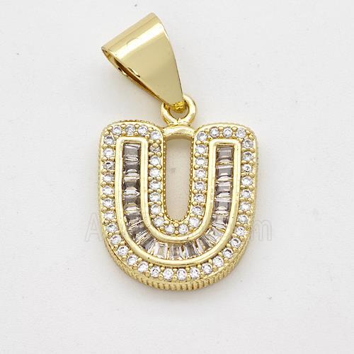 Copper Pendant Pave Zirconia Letter-U Gold Plated