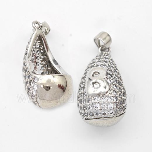 Copper Teardrop Pendant Pave Zirconia Letter-B Hollow Platinum Plated