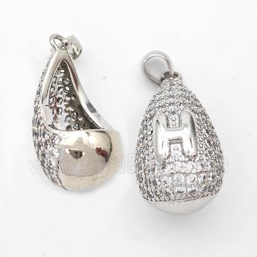 Copper Teardrop Pendant Pave Zirconia Letter-H Hollow Platinum Plated