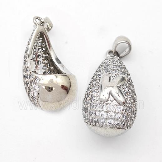 Copper Teardrop Pendant Pave Zirconia Letter-K Hollow Platinum Plated