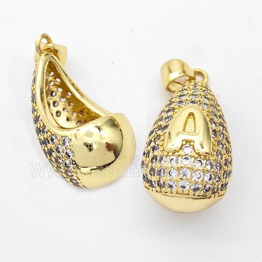 Copper Teardrop Pendant Pave Zirconia Letter-A Hollow Gold Plated
