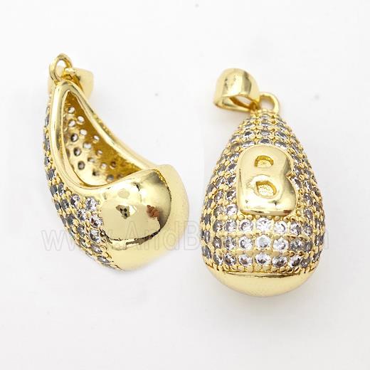 Copper Teardrop Pendant Pave Zirconia Letter-B Hollow Gold Plated