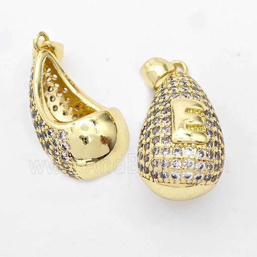 Copper Teardrop Pendant Pave Zirconia Letter-E Hollow Gold Plated