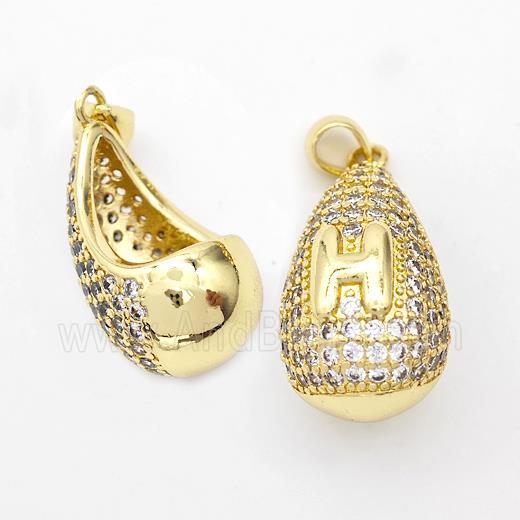 Copper Teardrop Pendant Pave Zirconia Letter-H Hollow Gold Plated