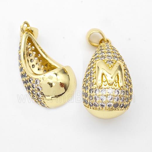 Copper Teardrop Pendant Pave Zirconia Letter-M Hollow Gold Plated