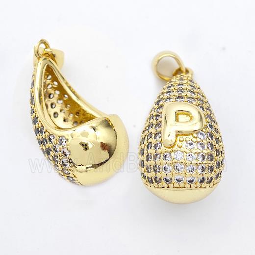 Copper Teardrop Pendant Pave Zirconia Letter-P Hollow Gold Plated
