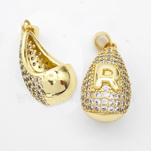 Copper Teardrop Pendant Pave Zirconia Letter-R Hollow Gold Plated