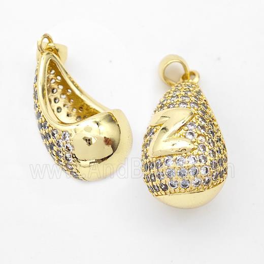 Copper Teardrop Pendant Pave Zirconia Letter-Z Hollow Gold Plated