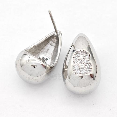 Copper Teardrop Stud Earring Pave Zirconia Letter-B Platinum Plated