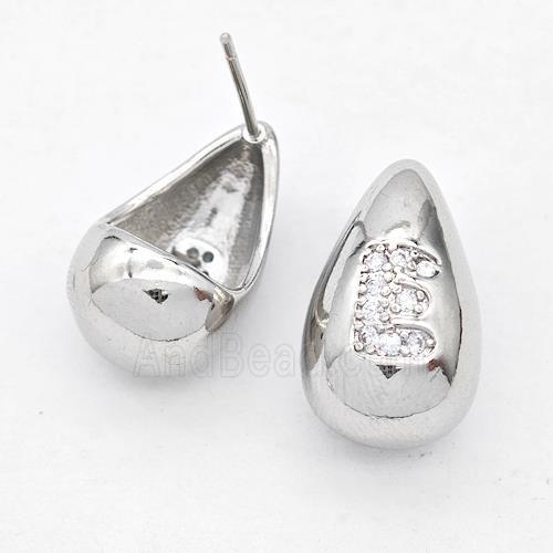 Copper Teardrop Stud Earring Pave Zirconia Letter-E Platinum Plated