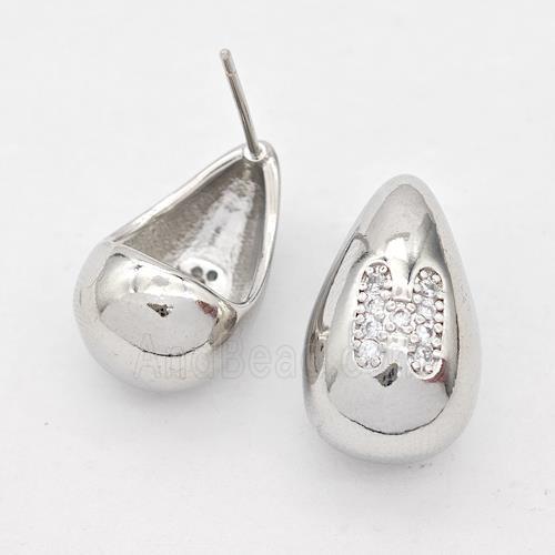 Copper Teardrop Stud Earring Pave Zirconia Letter-H Platinum Plated