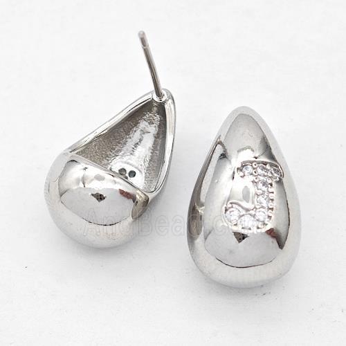 Copper Teardrop Stud Earring Pave Zirconia Letter-J Platinum Plated
