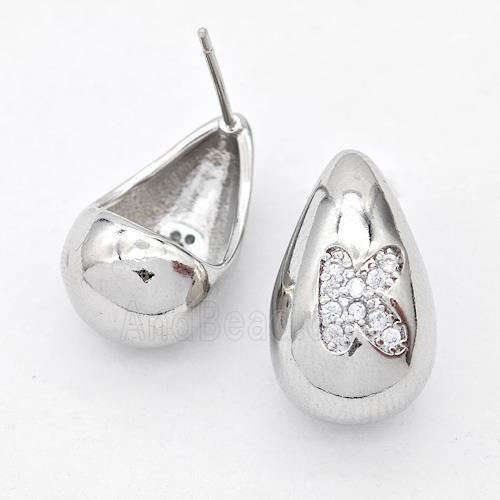 Copper Teardrop Stud Earring Pave Zirconia Letter-K Platinum Plated