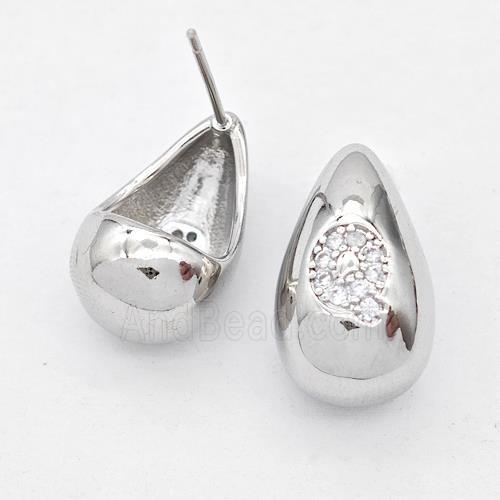 Copper Teardrop Stud Earring Pave Zirconia Letter-Q Platinum Plated