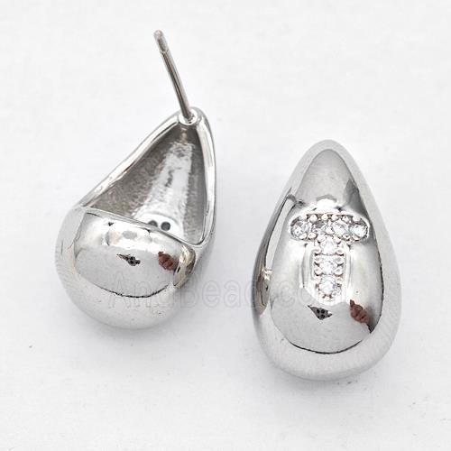 Copper Teardrop Stud Earring Pave Zirconia Letter-T Platinum Plated