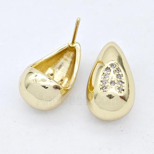 Copper Teardrop Stud Earring Pave Zirconia Letter-A Gold Plated