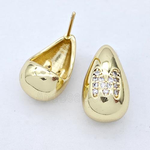 Copper Teardrop Stud Earring Pave Zirconia Letter-M Gold Plated