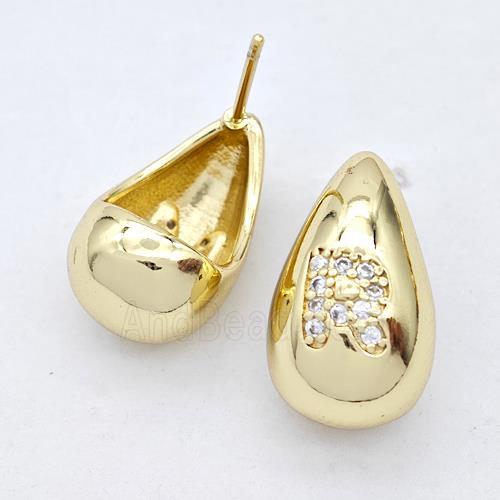 Copper Teardrop Stud Earring Pave Zirconia Letter-R Gold Plated