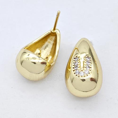 Copper Teardrop Stud Earring Pave Zirconia Letter-U Gold Plated