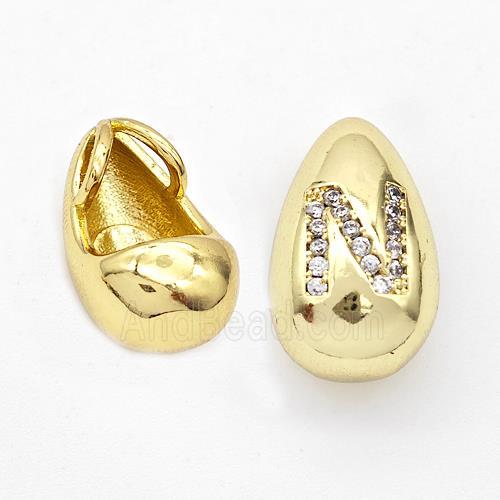 Copper Teardrop Pendant Pave Zirconia Letter-N Gold Plated