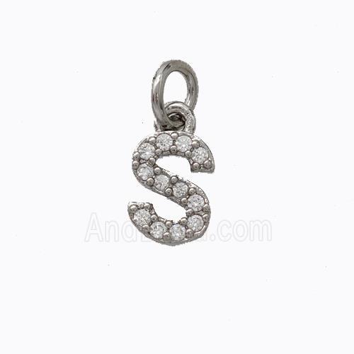 Copper Pendant Pave Zirconia Letter-S Platinum Plated