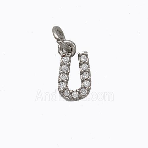 Copper Pendant Pave Zirconia Letter-U Platinum Plated