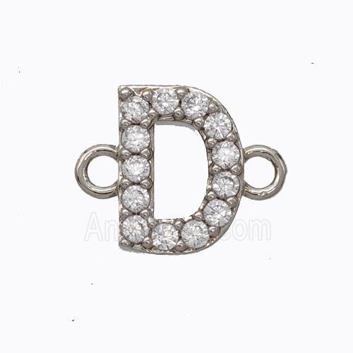 Copper Connector Pave Zirconia Letter-D Platinum Plated
