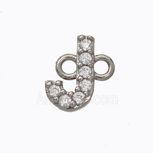 Copper Connector Pave Zirconia Letter-J Platinum Plated