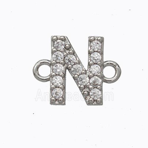 Copper Connector Pave Zirconia Letter-N Platinum Plated