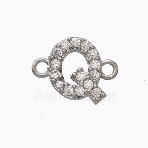 Copper Connector Pave Zirconia Letter-Q Platinum Plated