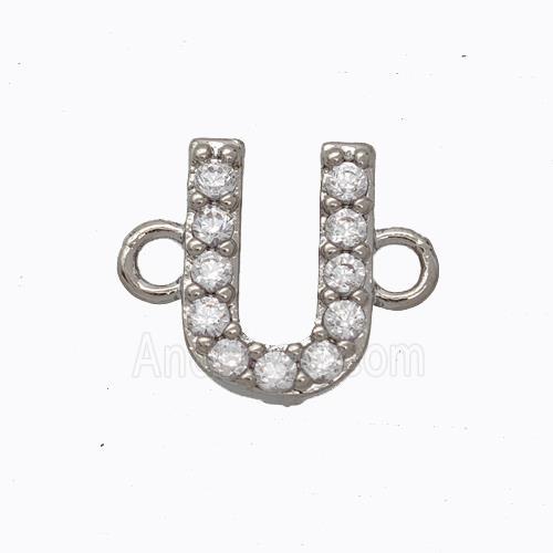 Copper Connector Pave Zirconia Letter-U Platinum Plated