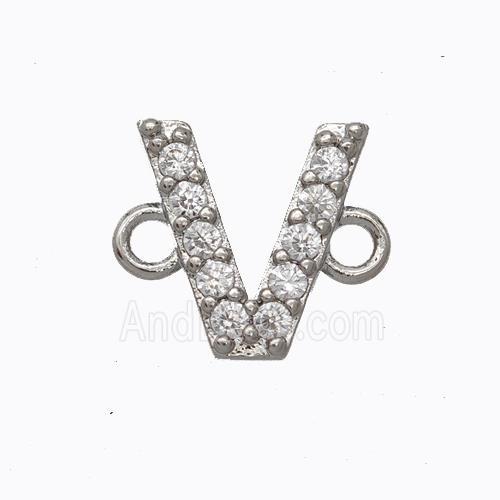 Copper Connector Pave Zirconia Letter-V Platinum Plated