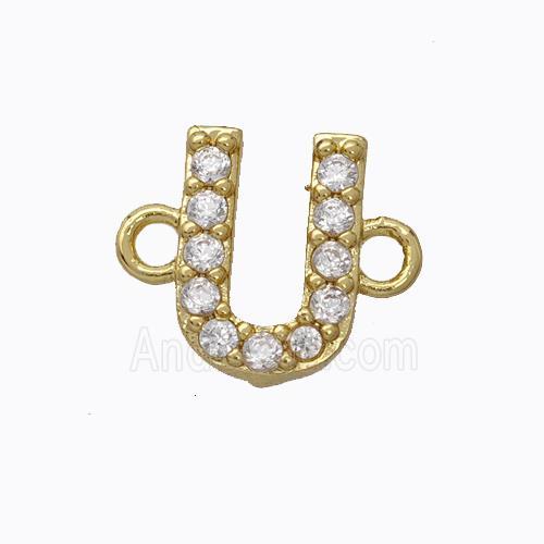 Copper Connector Pave Zirconia Letter-U Gold Plated