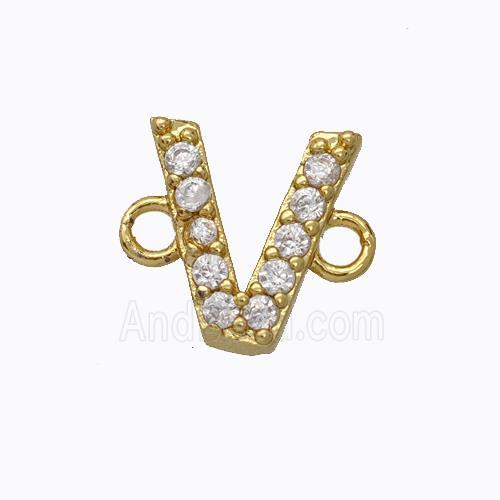 Copper Connector Pave Zirconia Letter-V Gold Plated
