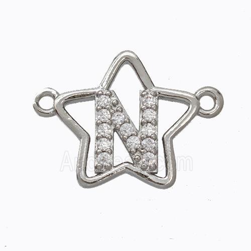 Copper Star Pendant Pave Zirconia Letter-N Platinum Plated