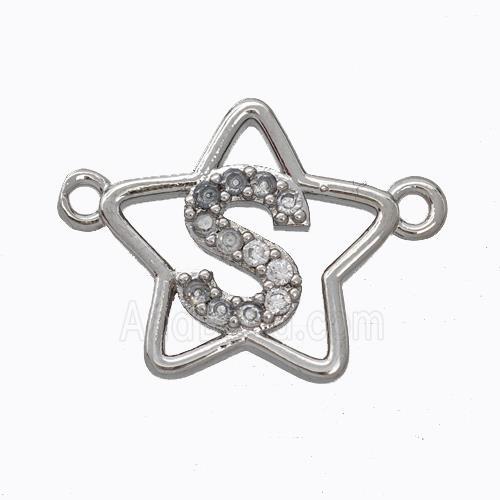 Copper Star Pendant Pave Zirconia Letter-S Platinum Plated