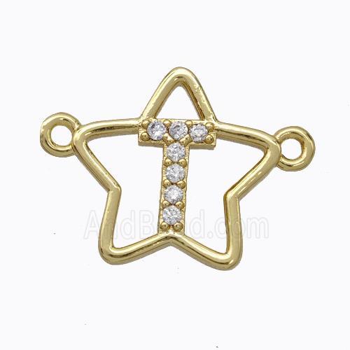 Copper Star Pendant Pave Zirconia Letter-T Gold Plated