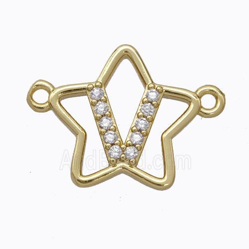 Copper Star Pendant Pave Zirconia Letter-V Gold Plated