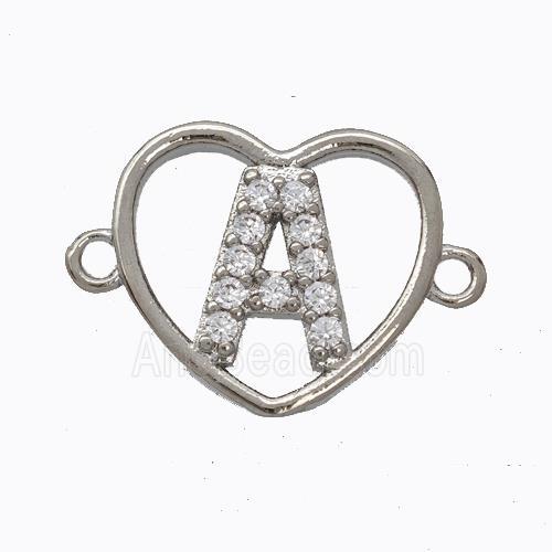 Copper Heart Connector Pave Zirconia Letter-A Platinum Plated
