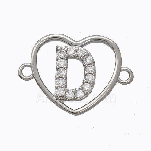 Copper Heart Connector Pave Zirconia Letter-D Platinum Plated