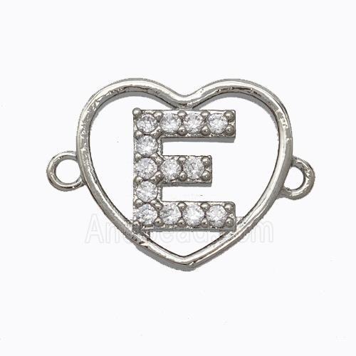 Copper Heart Connector Pave Zirconia Letter-E Platinum Plated