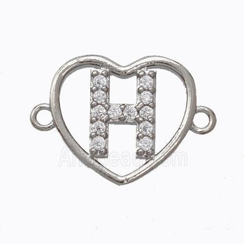 Copper Heart Connector Pave Zirconia Letter-H Platinum Plated