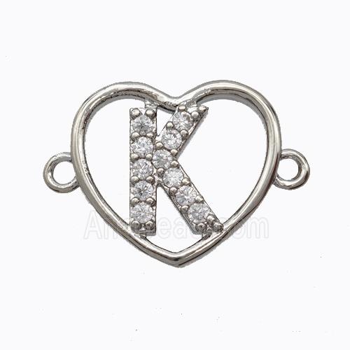 Copper Heart Connector Pave Zirconia Letter-K Platinum Plated