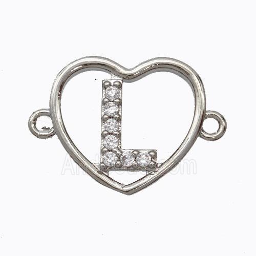 Copper Heart Connector Pave Zirconia Letter-L Platinum Plated