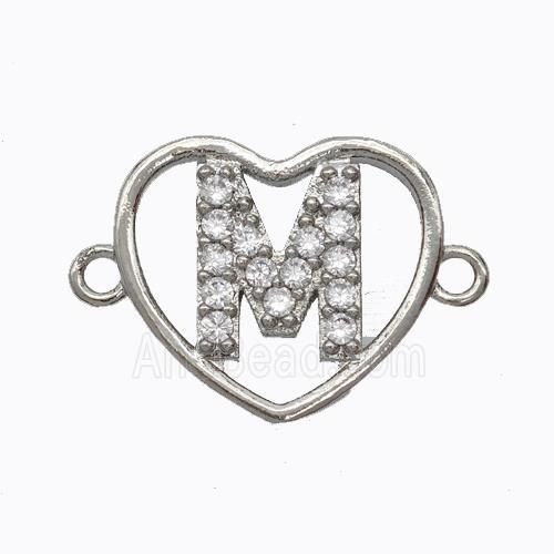 Copper Heart Connector Pave Zirconia Letter-M Platinum Plated