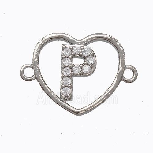 Copper Heart Connector Pave Zirconia Letter-P Platinum Plated